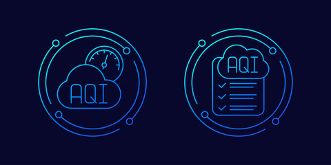 Poster - Air quality index, AQI icons with checklist, linear design