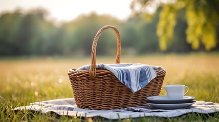 picnic basket with tablecloth on grass meadow landscape background