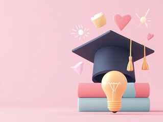 Wall Mural - Creative educational concept with a graduation cap on books and light bulb on a pastel pink background, symbolizing knowledge and innovation.