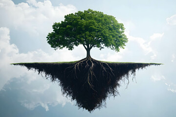 Wall Mural - Long-term investment and sustainable returns concept. A tree growing perfectly symmetrical, with roots and branches mirroring each other.