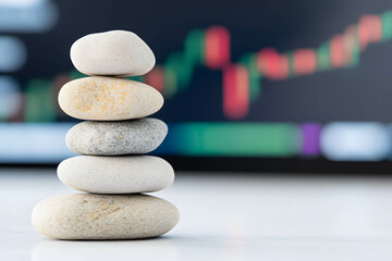 Wall Mural - Investment balance concept, diversify your investments across a variety of assets to reduce risk and increase returns or profit, balanced stack of rocks and stock chart.