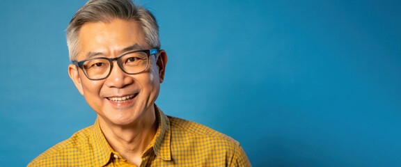 Portrait of cheerful older Asian man with grey hair and glasses smiling warmly on blue background. Copy space for text.