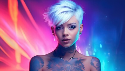 Wall Mural - studio portrait of a blonde woman with nude shoulders and tattoos on pink and blue background	
