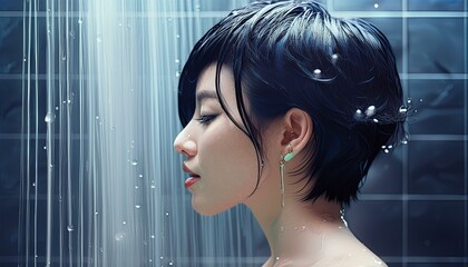 Wall Mural - portrait of brunette woman with short hair and nude shoulders in the shower