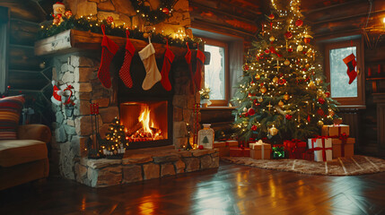 Wall Mural - Festive christmas tree in a warm living room with a crackling fireplace and holiday stockings