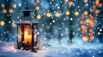 Wall Mural - Nighttime christmas lantern with candle lighting up snowy winter scenery