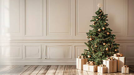 Wall Mural - Golden decorated christmas tree in bright interior with sunlight streaming through window