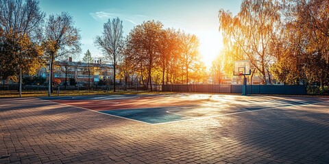 Wall Mural - Schoolyard with basketball court and playground in sunny evening.