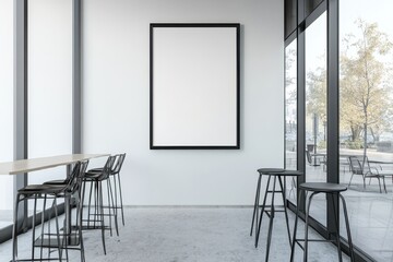 Wall Mural - A minimalist interior featuring a blank frame and bar stools near large windows.