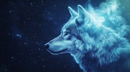 A mystical wolf silhouette surrounded by cosmic elements, depicting a blend of nature and the universe in enchanting blue tones.