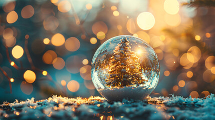 Aufkleber - Magical christmas atmosphere with snow-covered tree reflected in crystal ball and golden bokeh lights