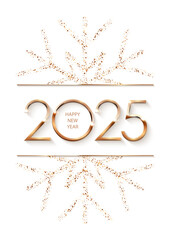 Wall Mural - 2025 happy new year greeting card vector background with gold frame and glitter snowflake. shining h