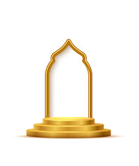 Wall Mural - Gold 3d podium with frame on white background. Abstract empty golden award platform with glowing arch. Vector illustration for product displays, award ceremonies, luxurious presentations.