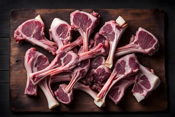 Wall Mural - A pile of raw lamb chops with the bones and fat cap visible arranged on a dark wooden board, AI Generated