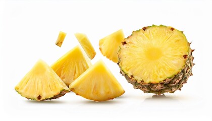 falling pineapple slice and cut isolated on white background