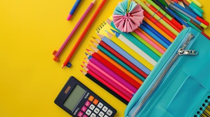 Bright school supplies on a yellow background. Assortment of colorful stationery, including pencils, markers, and scissors in a blue case, along with a calculator and notebooks. Back to school concept