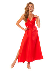 Poster - Young beautiful happy blonde woman in red dress