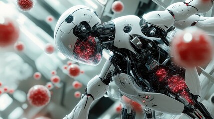 Wall Mural - A close-up of a robot's immune system, with focus on the synthetic white blood cells and filtration mechanisms.