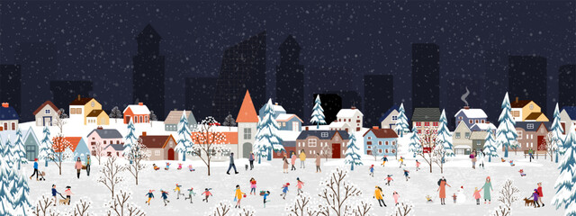 christmas background,winter village landscape with snow,people celebrating on xmas in city park,seam