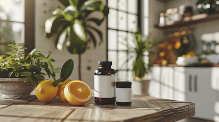 Two amber bottles with blank labels, one larger and one smaller, sit on a wooden table with lemons and oranges, creating a natural and healthy feel.