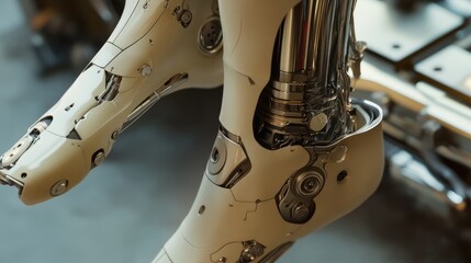 A close-up of the foot and ankle joint of a prosthetic leg, highlighting the realistic design and materials.