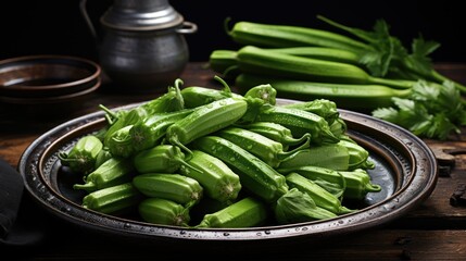 Wall Mural - Close up fresh okra on wooden plate 