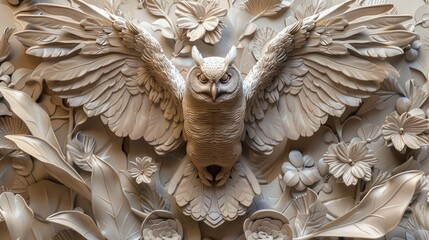 Beautiful owl 3d relief wallpaper. Mural wallpaper. Wall art.