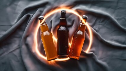 Three glass bottles with beer on grey background with back light