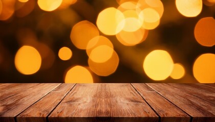 Canvas Print - wooden tabletop with warm bokeh lights in background