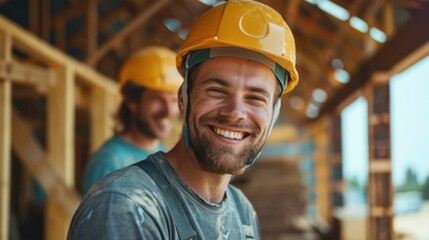 Two men wearing hard hats and work clothes are posing for a picture