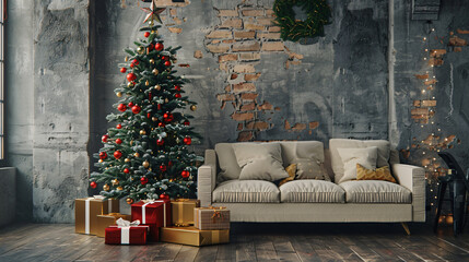 Aufkleber - Decorated christmas tree illuminating a loft living room with a comfortable sofa and wrapped presents