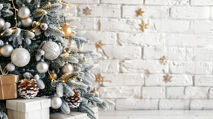 Aufkleber - Snowy christmas tree adorned with white and golden ornaments, set against a blank white backdrop for your own message