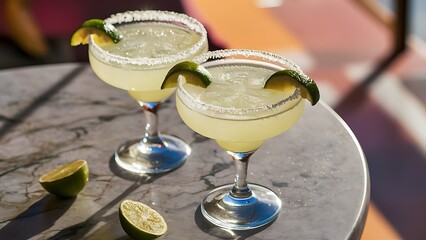 Close up view of cold margarita cocktails with pieces of lime on grey tabletop