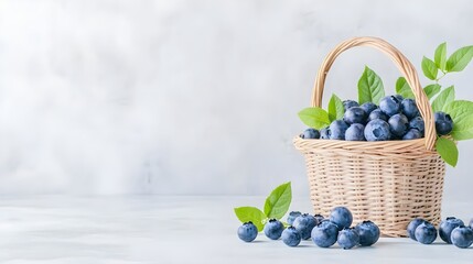 A fresh basket of blueberries with green leaves, perfect for healthy recipes or delightful desserts on a light grey background.