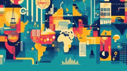 Wall Mural - Abstract geometric illustration of a city skyline with a map of the world in the center,  in a blue, red, yellow and white color scheme.