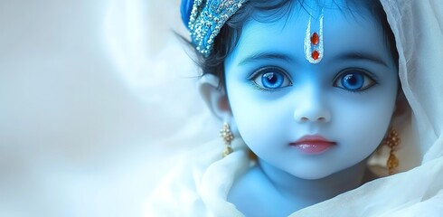 Cute little baby Krishna with blue skin on light background. Birthday of Krishna, eighth avatar of Vishnu. Shree Krishna Janmashtami or Gokulashtami. Indian religious festival 