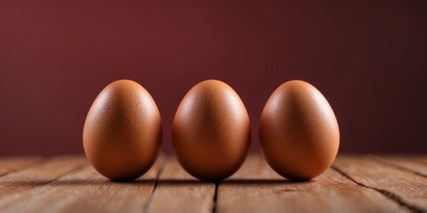 Three Brown Eggs on Wooden Surface with Red Background.