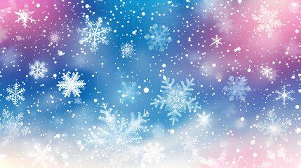 Poster - Snowflakes are gently falling from a blue and pink sky, creating a magical winter wonderland