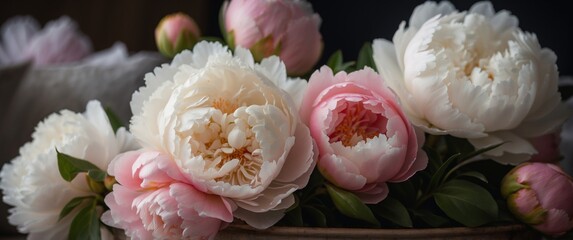 White and pink beautiful fresh peonies from the garden in the kitchen sink.