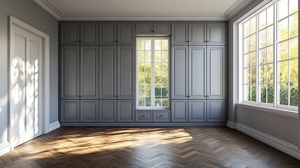 Wall Mural - Nice room with large window pine wood floors and builtin wardrobes with gray doors : Generative AI