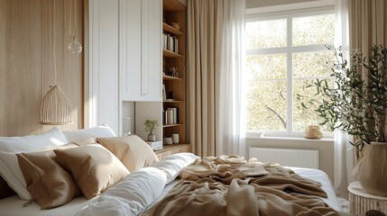 Wall Mural - Bedroom with wooden headboard white hanging tables beige cushions and matching blanket wooden bookcase and window with white curtains and white cabinets in one corner : Generative AI