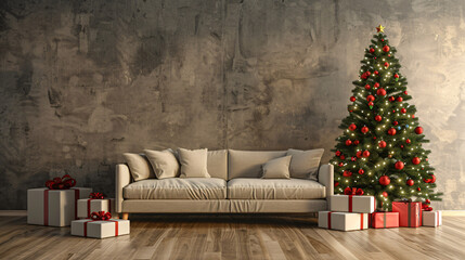 Aufkleber - Stylish christmas interior with a festive tree, wrapped gifts, and a cozy couch