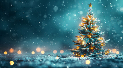 Aufkleber - Snow-covered christmas tree with glowing lights and falling snow in the background