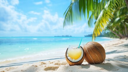 A serene tropical beach scene with clear blue water, palm trees, and a coconut drink on the sandy shore.