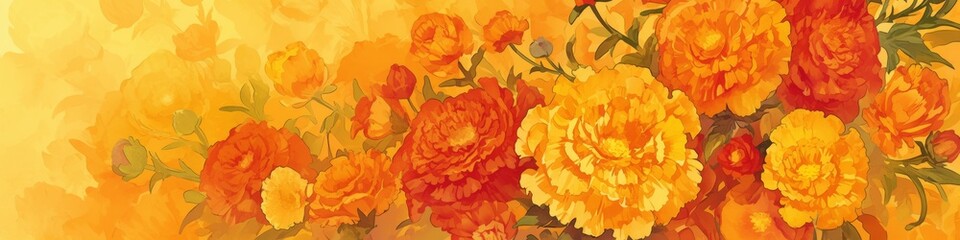 Vibrant Marigolds: Cross-Cultural Celebration Abstract. Watercolor-Style Illustration for Mid-Autumn Festival, Diwali, and Día de Muertos. Minimalist Orange and Red Floral Design on Soft Yellow Backgr