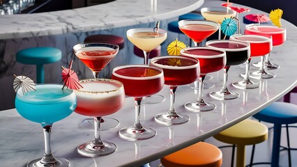 Glasses of cocktails on bar background