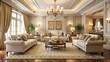 © kansak01 - Creamy white sofas and chairs adorn the room, paired with ornate wood tables and plush carpeting, bathed in warm golden light, exuding understated luxury.