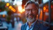© Neural Pixels - An elderly man with glasses smiles warmly, enjoying a sunset amid charming outdoor lights