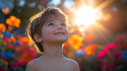 A cheerful young boy gazes upward with delight as the sun sets, surrounded by blooming flowers in vivid colors