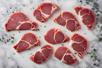 Canvas Print - A selection of raw veal cutlets thinly sliced arranged in a fan shape on a marble board, Ai Generated